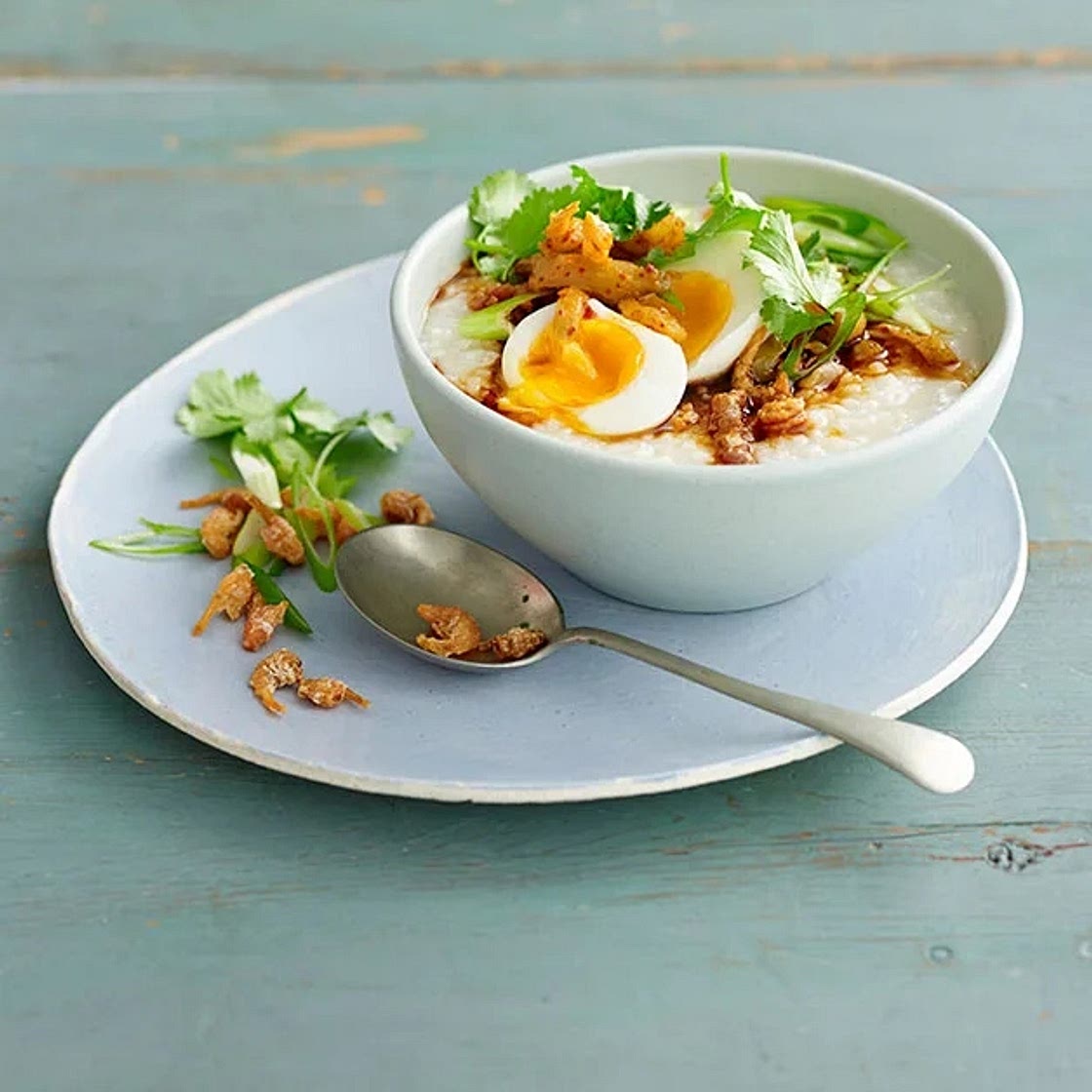 Simple ginger congee with egg and dried shrimp