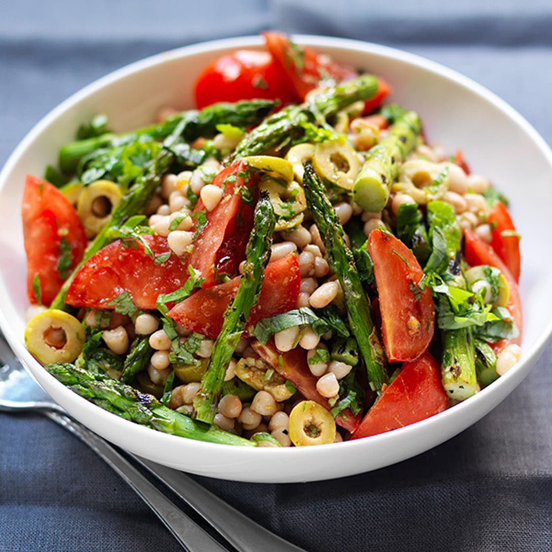 Tomato, olive, asparagus and bean salad
