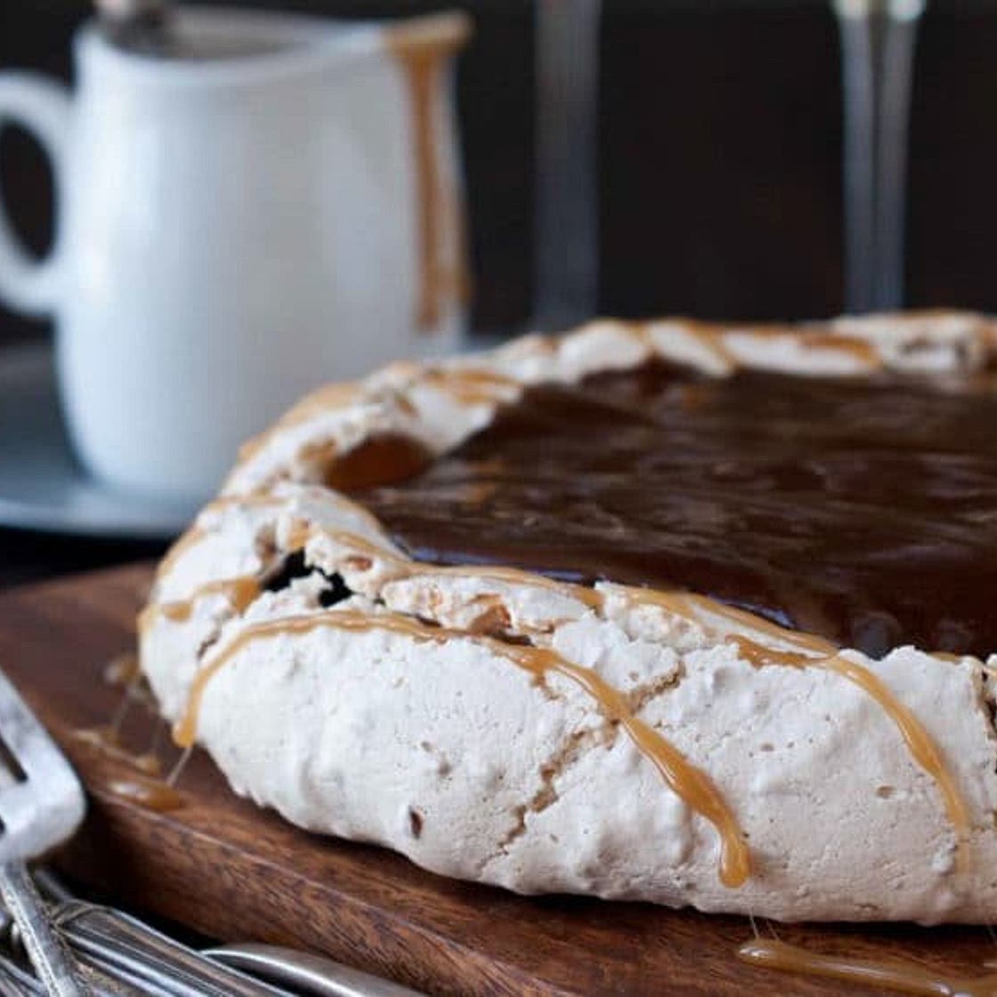 Coconut Pavlova with Pudding and Caramel Sauce