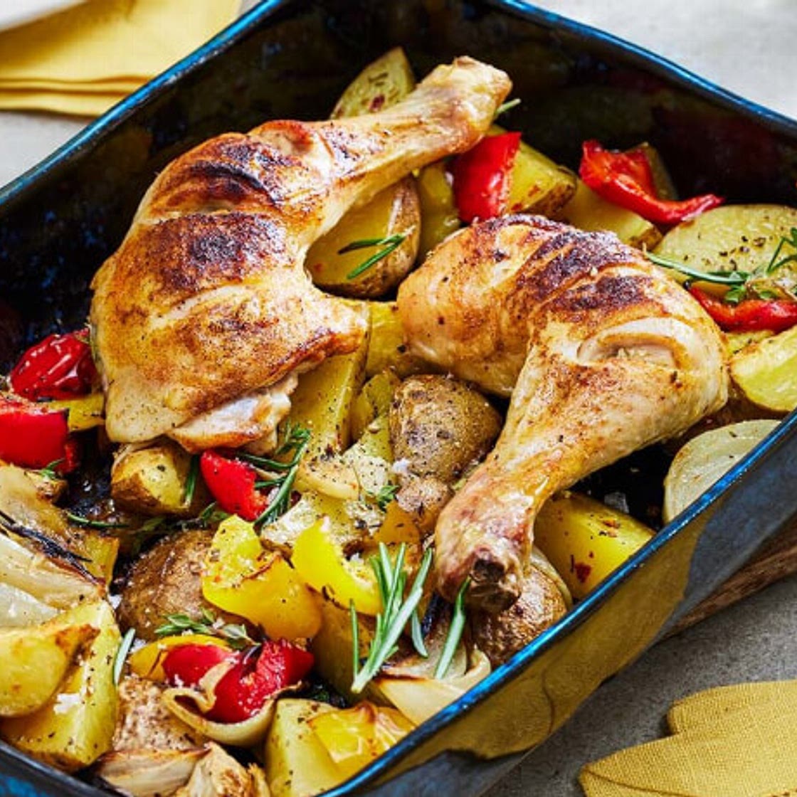 Hähnchenschenkel mit Gemüse aus dem Backofen