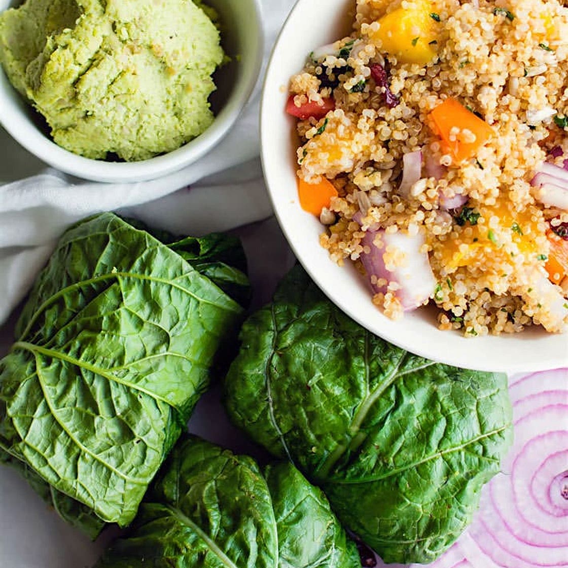 California Quinoa Salad Collard Wraps with Edamame Pesto {Vegan, Gluten Free}