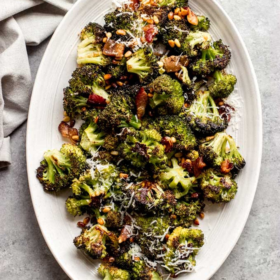Roasted Broccoli with Bacon, Pine Nuts, and Parmesan