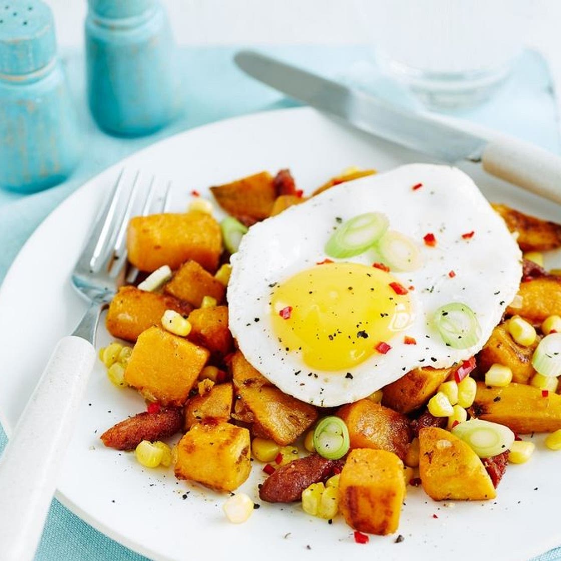 Sweet potato hash with fried eggs