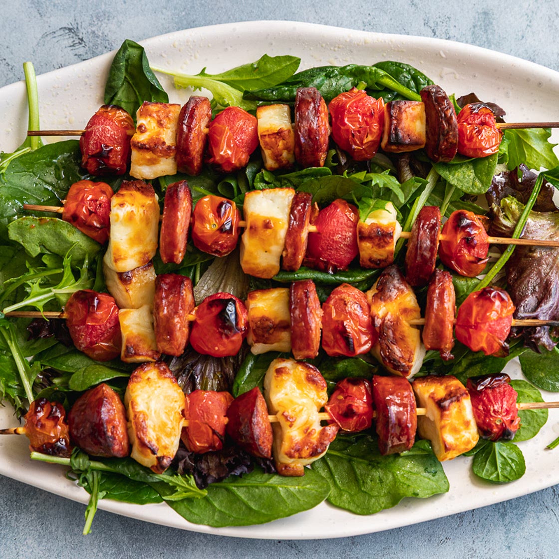 Halloumi Kebabs With Chorizo, Tomatoes And Honey Lime Dressing