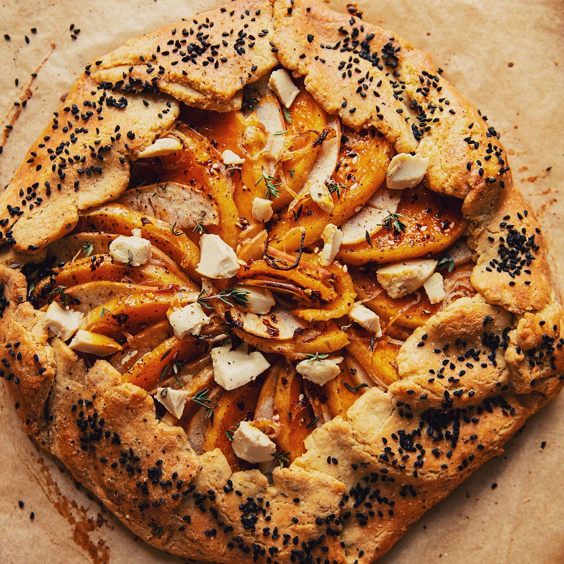 Vegan Butternut Galette with Shallots, Apples & Black Pepper Crust