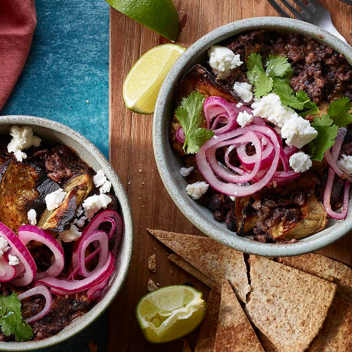 Aubergine and black bean bowl