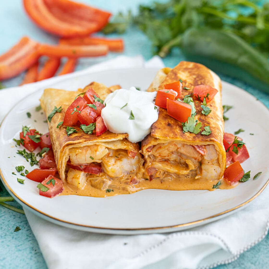Crispy Shrimp Burrito (Chimichanga) with Tomatoes, Cilantro & Yogurt