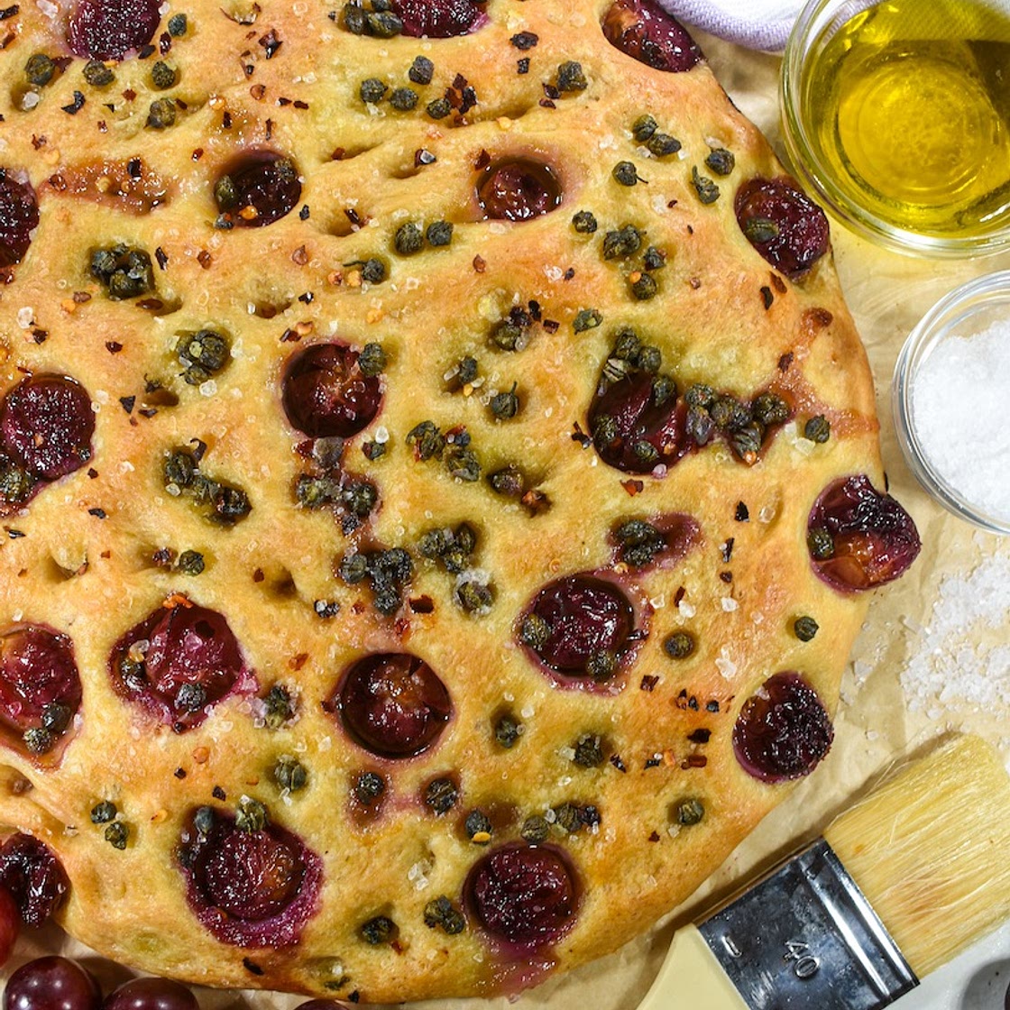 Grape Focaccia Recipe with Chili and Capers