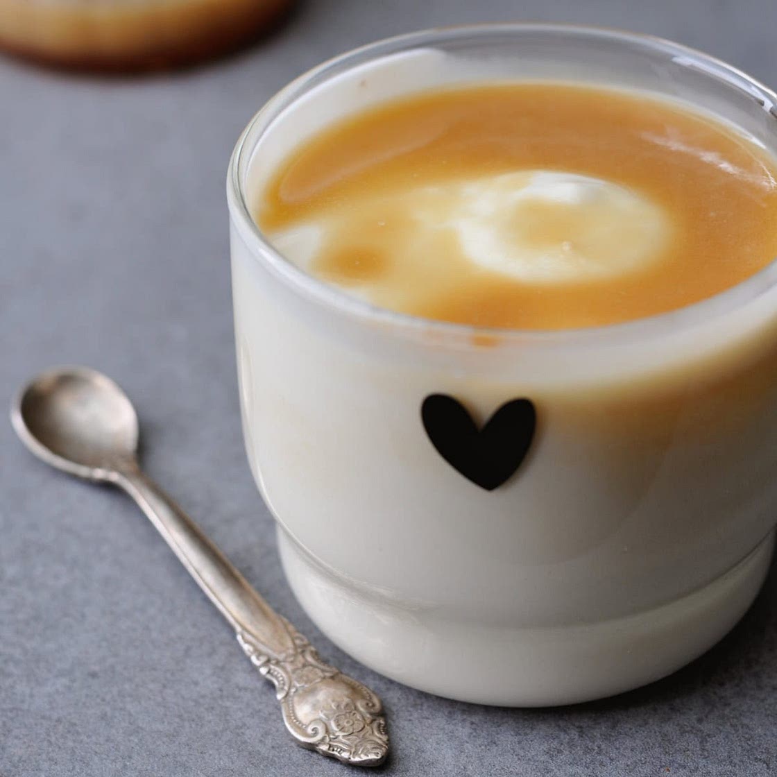 Creamy, dreamy high-protein vegan soy yogurt with salted caramel sauce