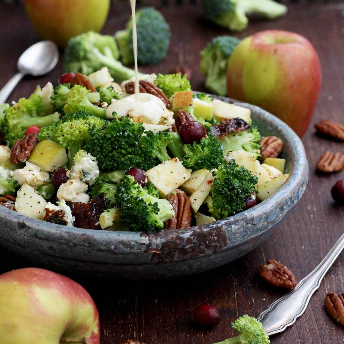Healthy Broccoli Salad with Vegan Bacon, Apples, Blue Cheese and Pecans