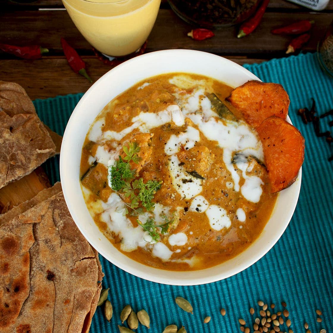 Roasted Eggplant Curry with Whole Grain Cheese Paratha Flat Bread