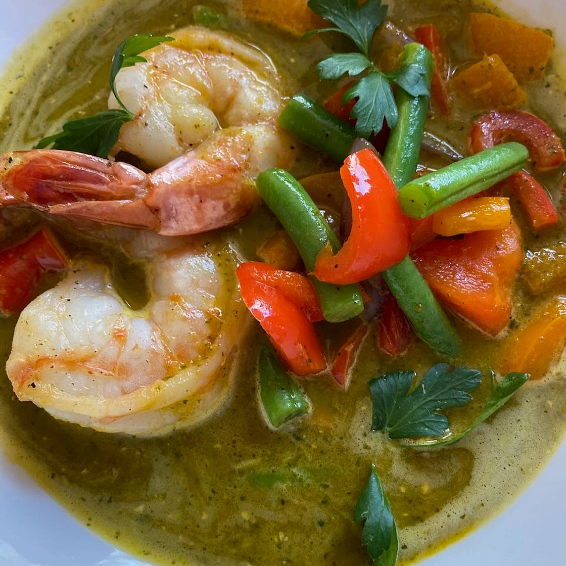 Coconut Sauce with Carrot Ginger Soup and Prawns