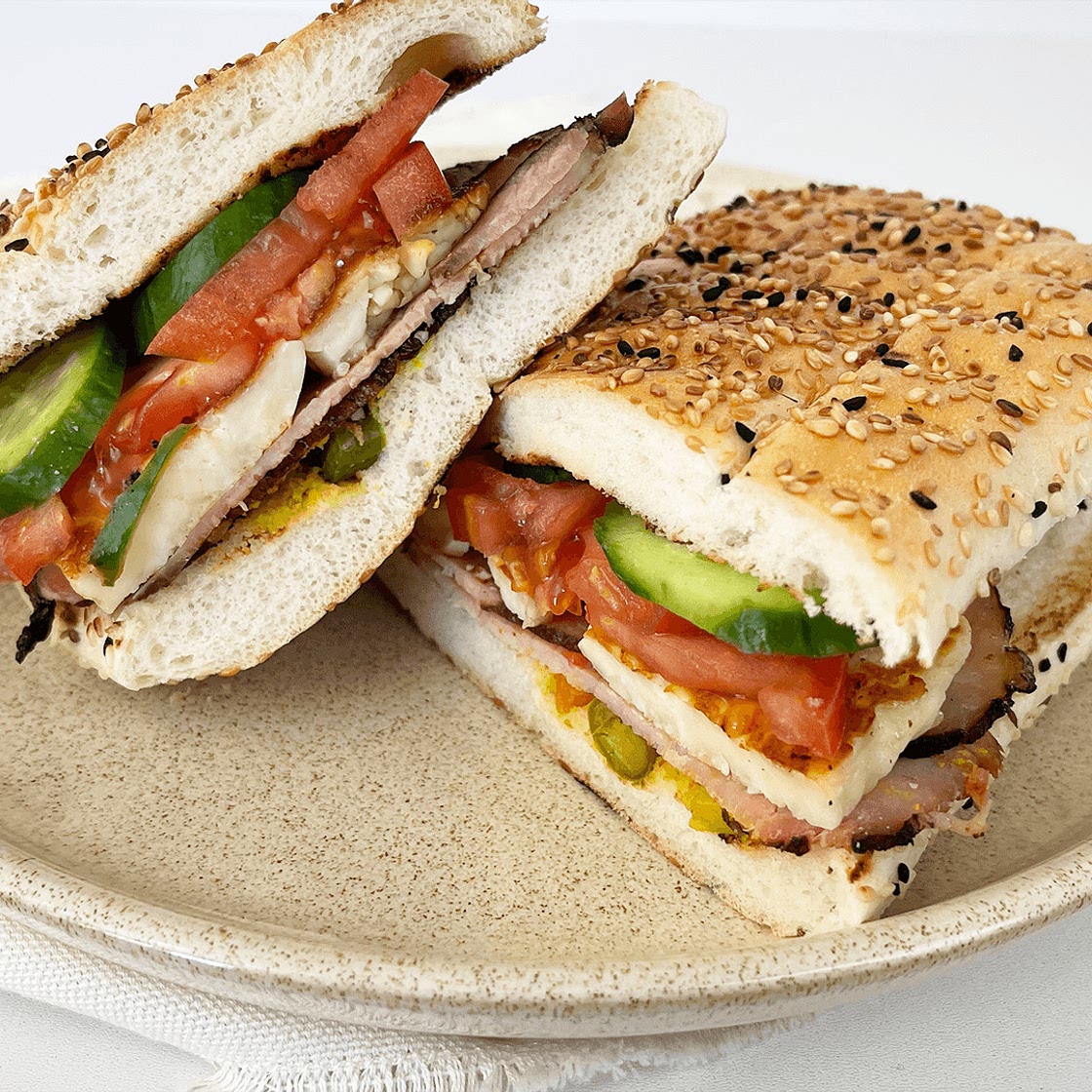 Traditional Toasted Cyprus Sandwich Lountza-Halloumi with Piccalilli