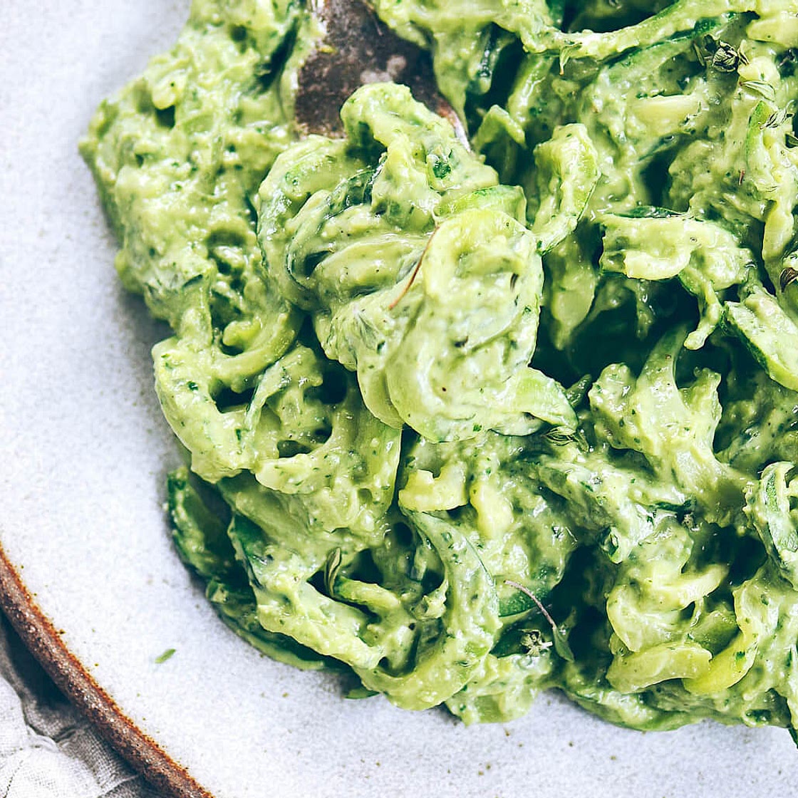 Creamy Whole30 Avocado Pesto Noodles