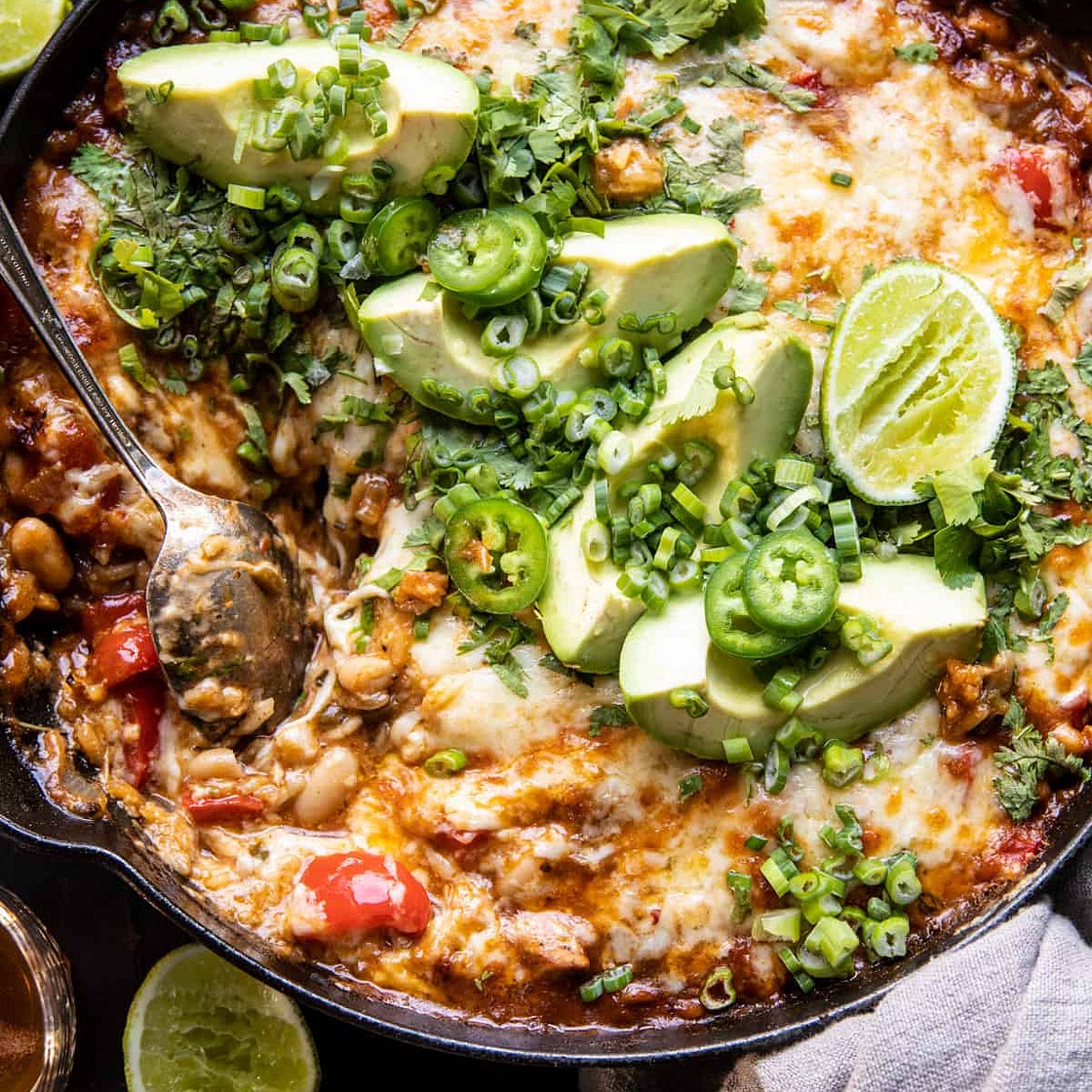 One Skillet White Chicken Chili Bake