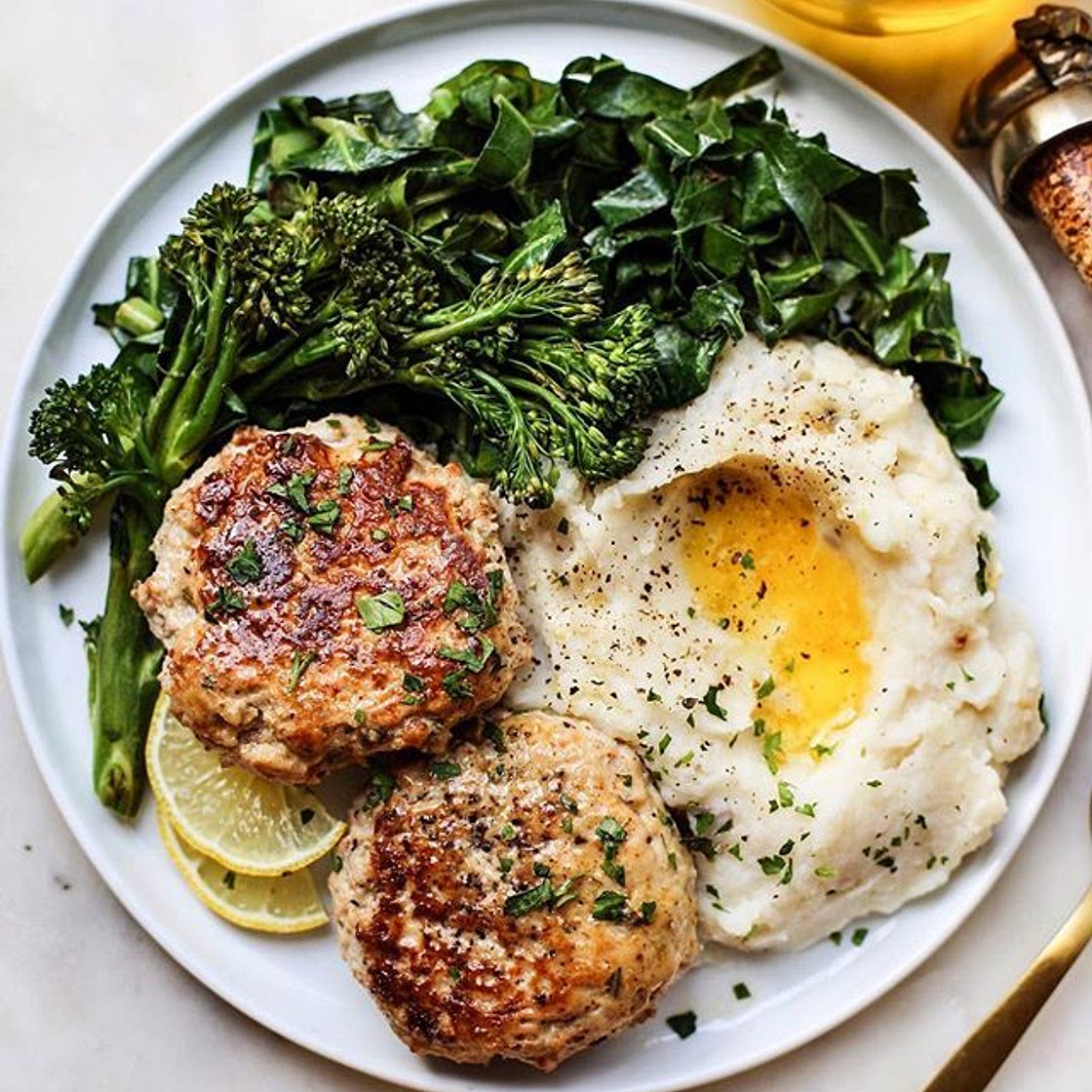 Rosemary Lemon Chicken Patties & Parmesan Cauliflower Mash