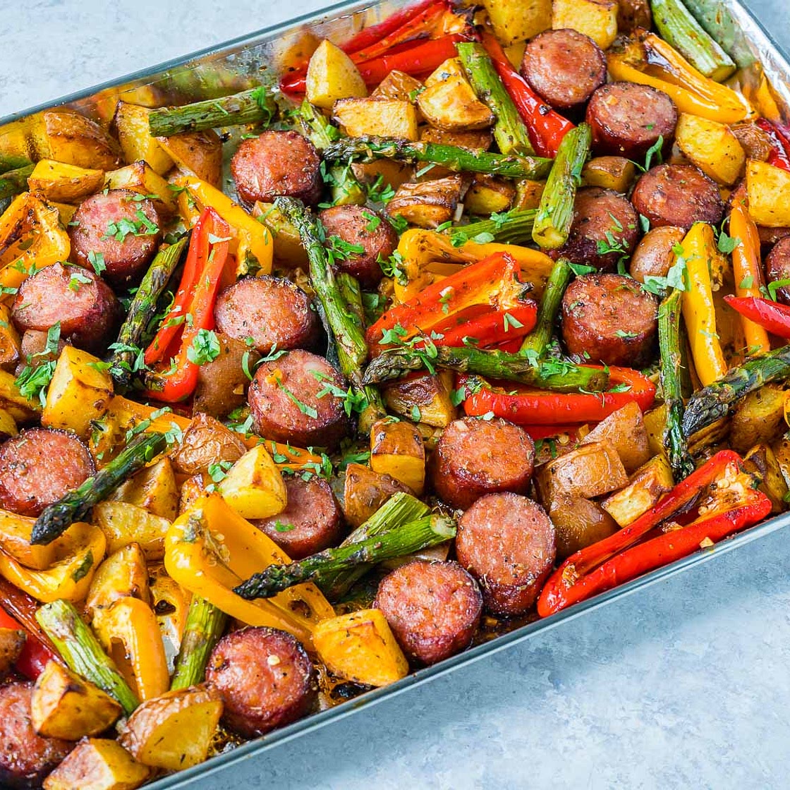 One Pan Honey Garlic Sausage + Veggies Recipe