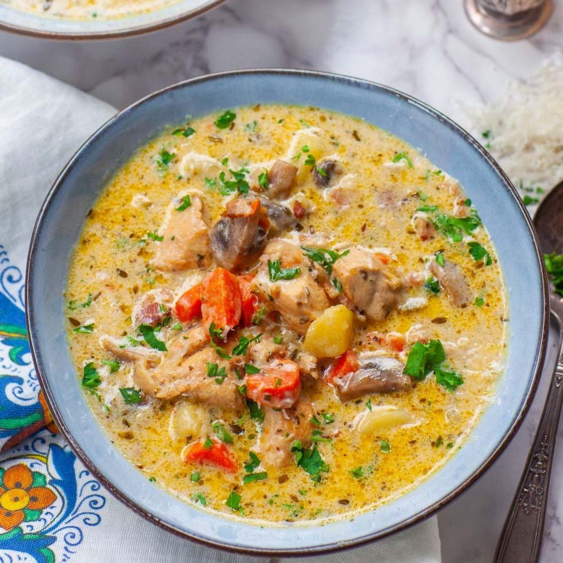 Creamy Chicken Stew with Bacon & Parmesan (video)