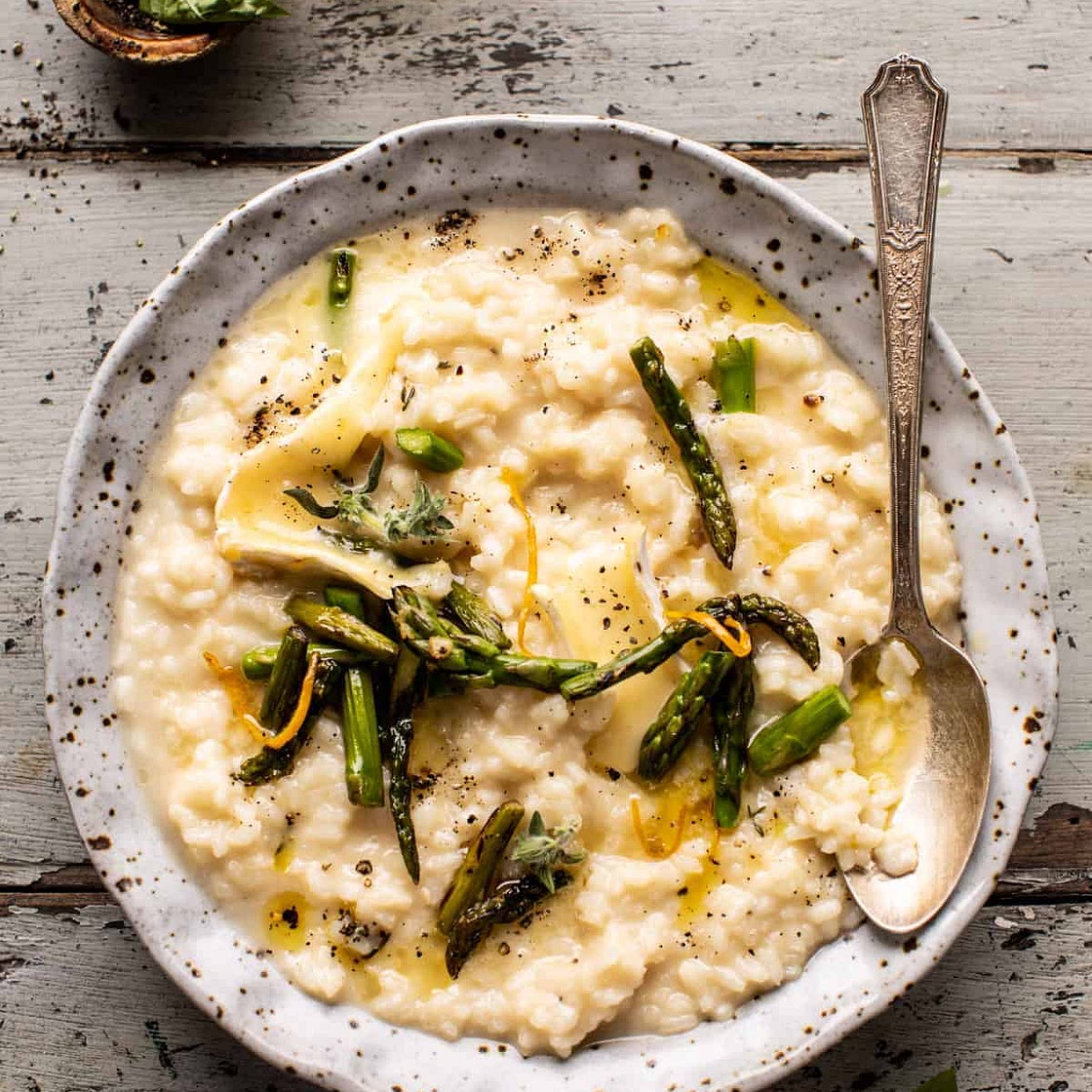 No Stir Brie Risotto with Lemon Butter Asparagus