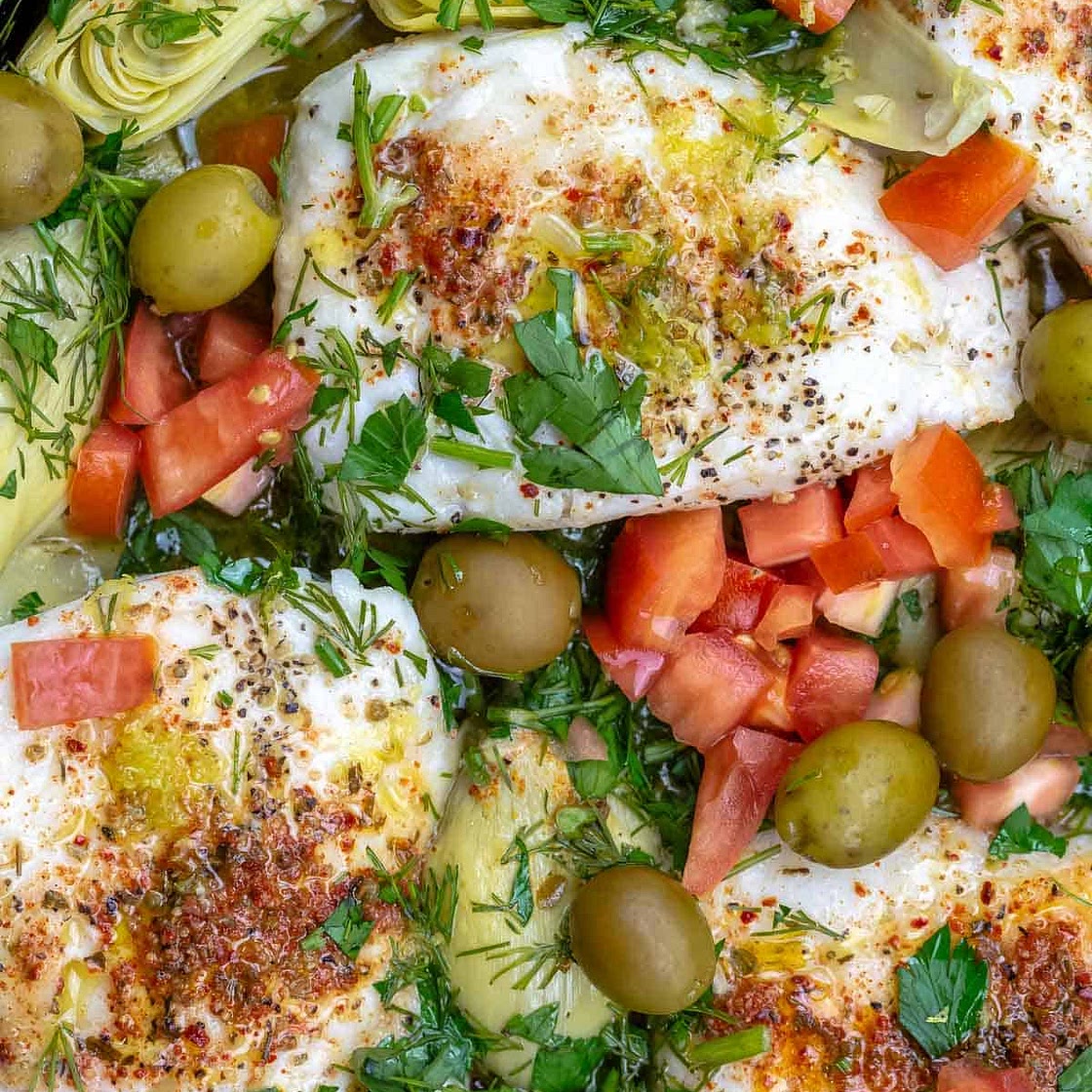 One-Pan Mediterranean Haddock with Artichoke Hearts and Olives