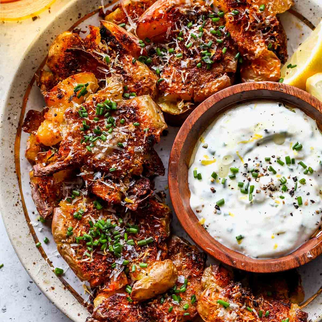 Paprika-Parmesan Smashed Potatoes with Garlic Aioli