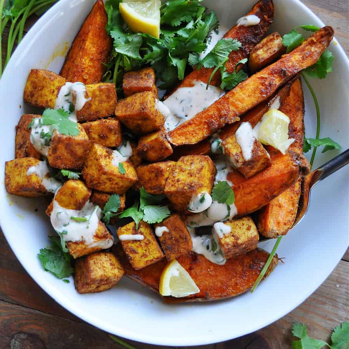 Vegan Moroccan Spiced Sheet Pan Tofu and Sweet Potatoes