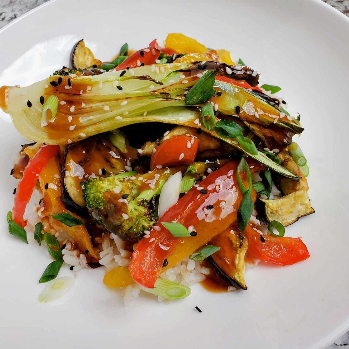 Roasted Vegetables with Stir-Fry Sauce and Brown Rice