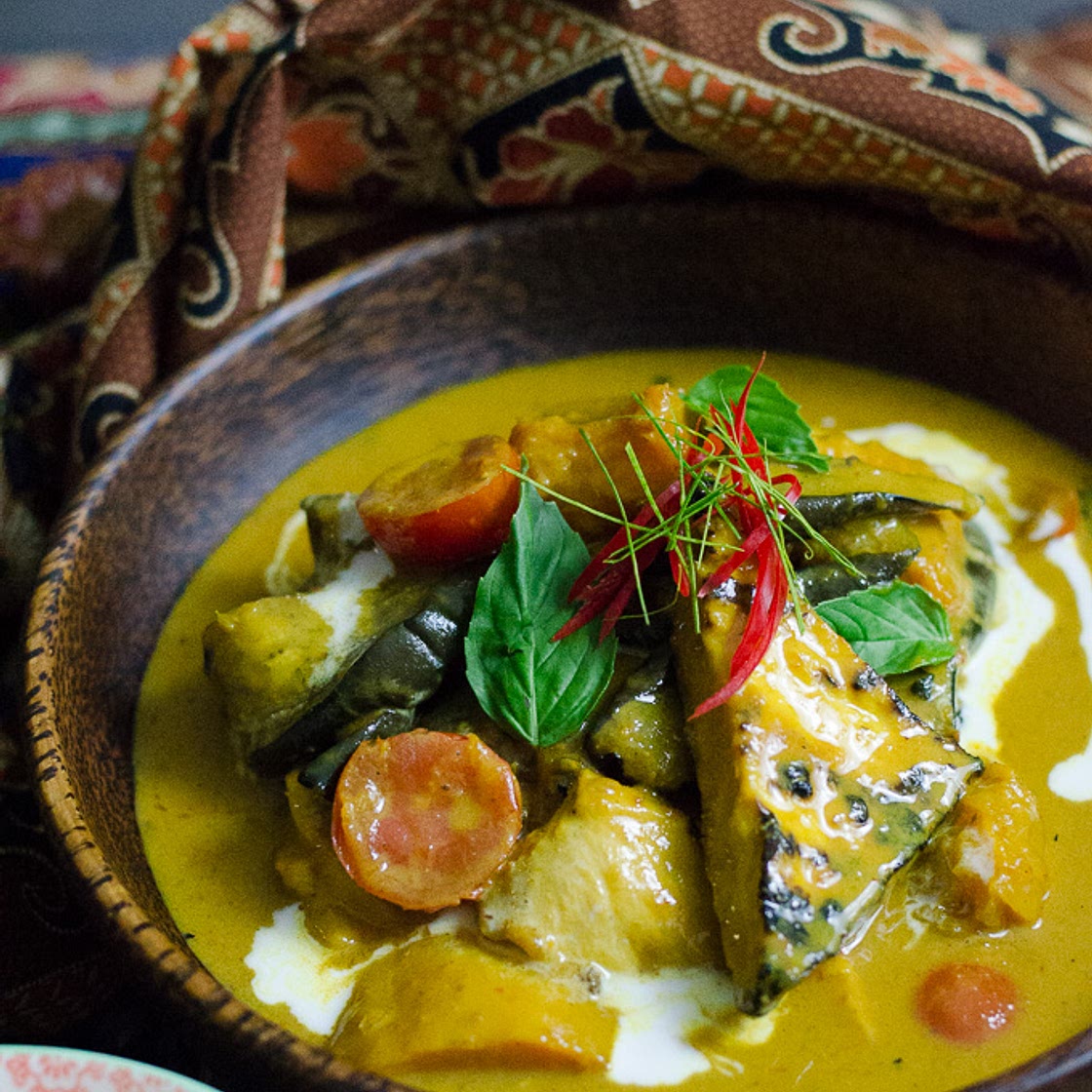 Yellow Curry of Roast Pumpkin with Grilled Tofu and Cherry Tomatoes