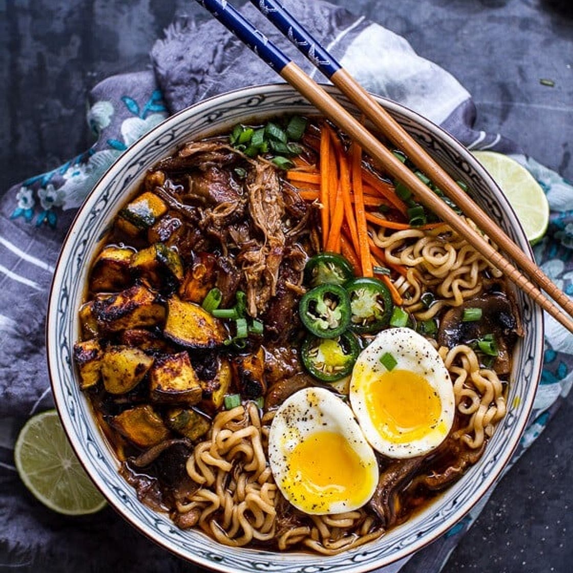 Crockpot Caramelized Pork Ramen Noodle Soup w/Curry Roasted Acorn Squash