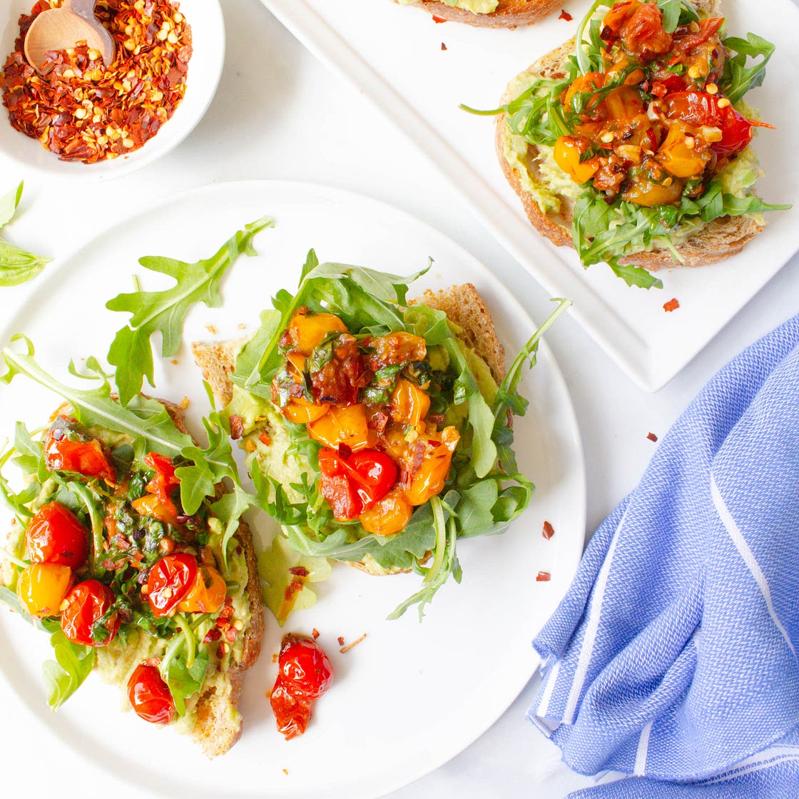 Avocado Hummus Toast with Burst Tomatoes