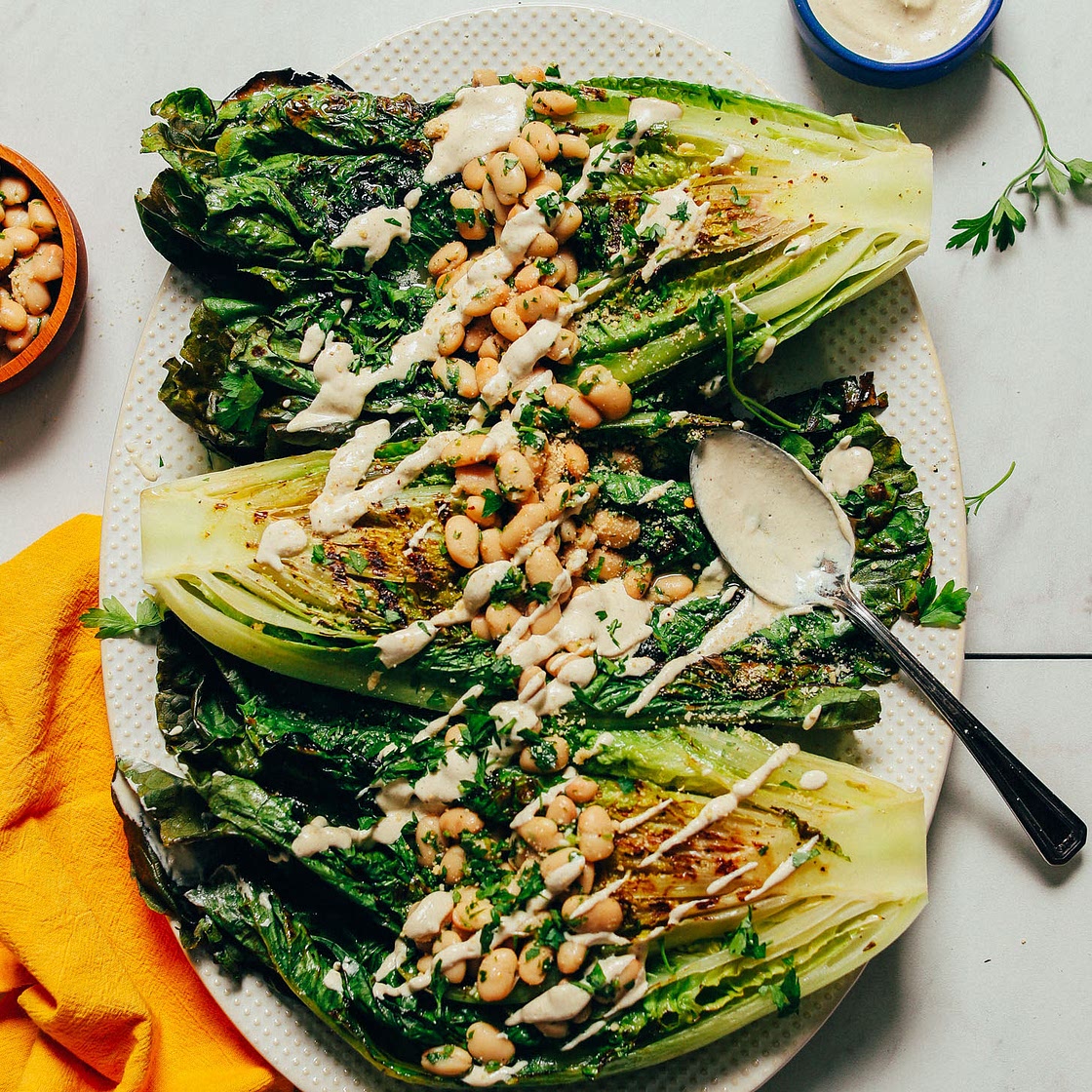 Grilled Romaine Caesar Salad with Herbed White Beans