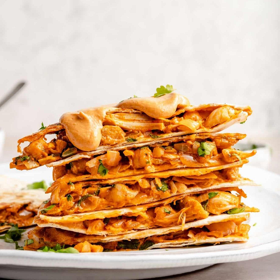 Vegan Buffalo Chickpea + Jackfruit Quesadillas