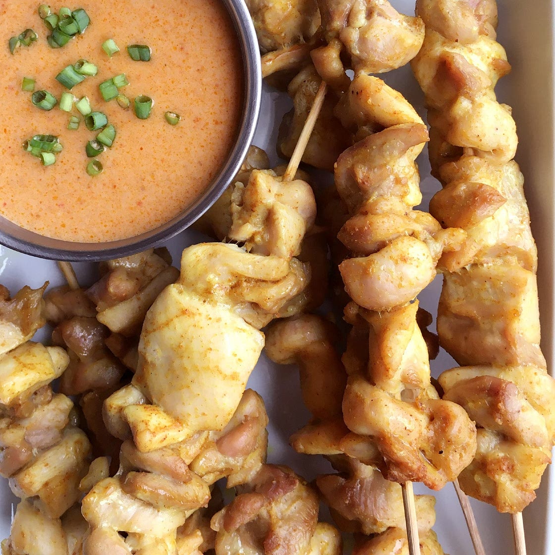 Chicken Skewers with Thai Curry Dipping Sauce