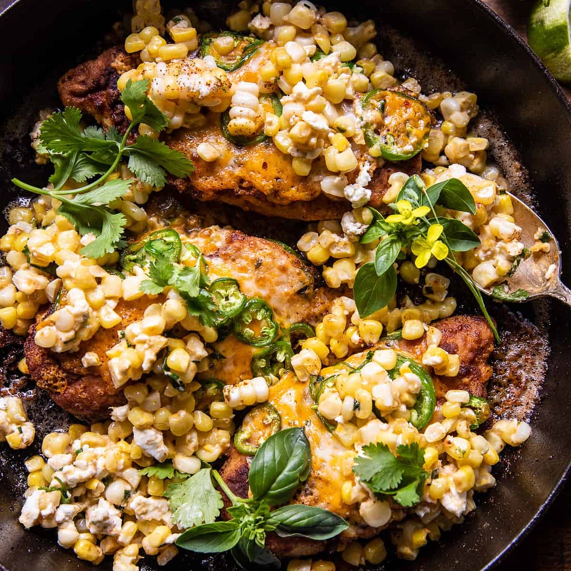 Jalapeño Cheddar Stuffed Chicken with Creamed Corn