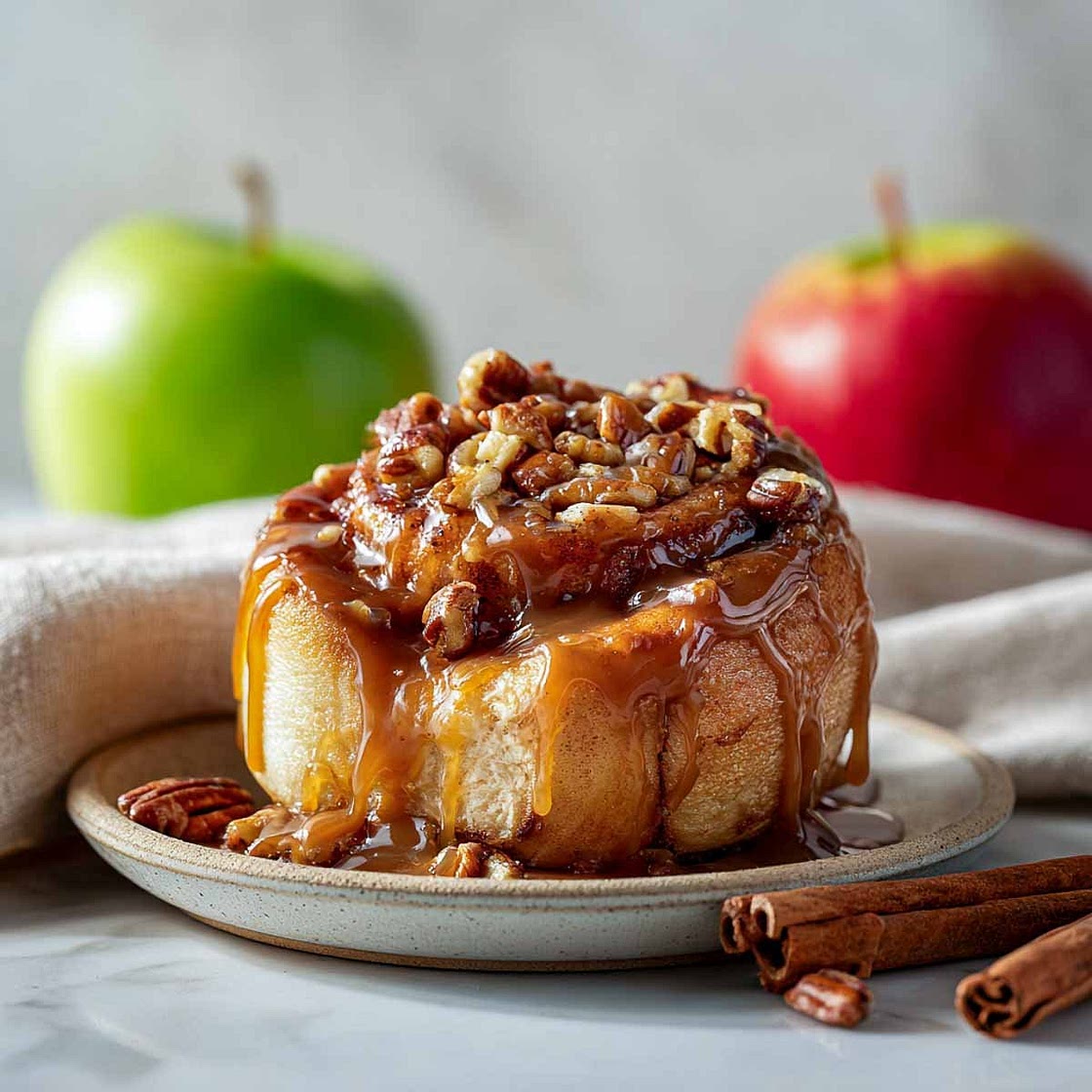 Caramel Apple Cinnamon Rolls with Sticky Pecan Topping