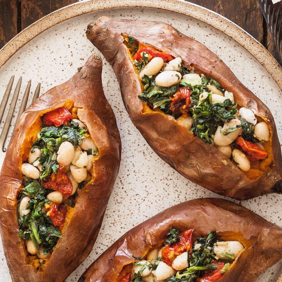 Vegan Stuffed Sweet Potatoes with Spinach and White Beans