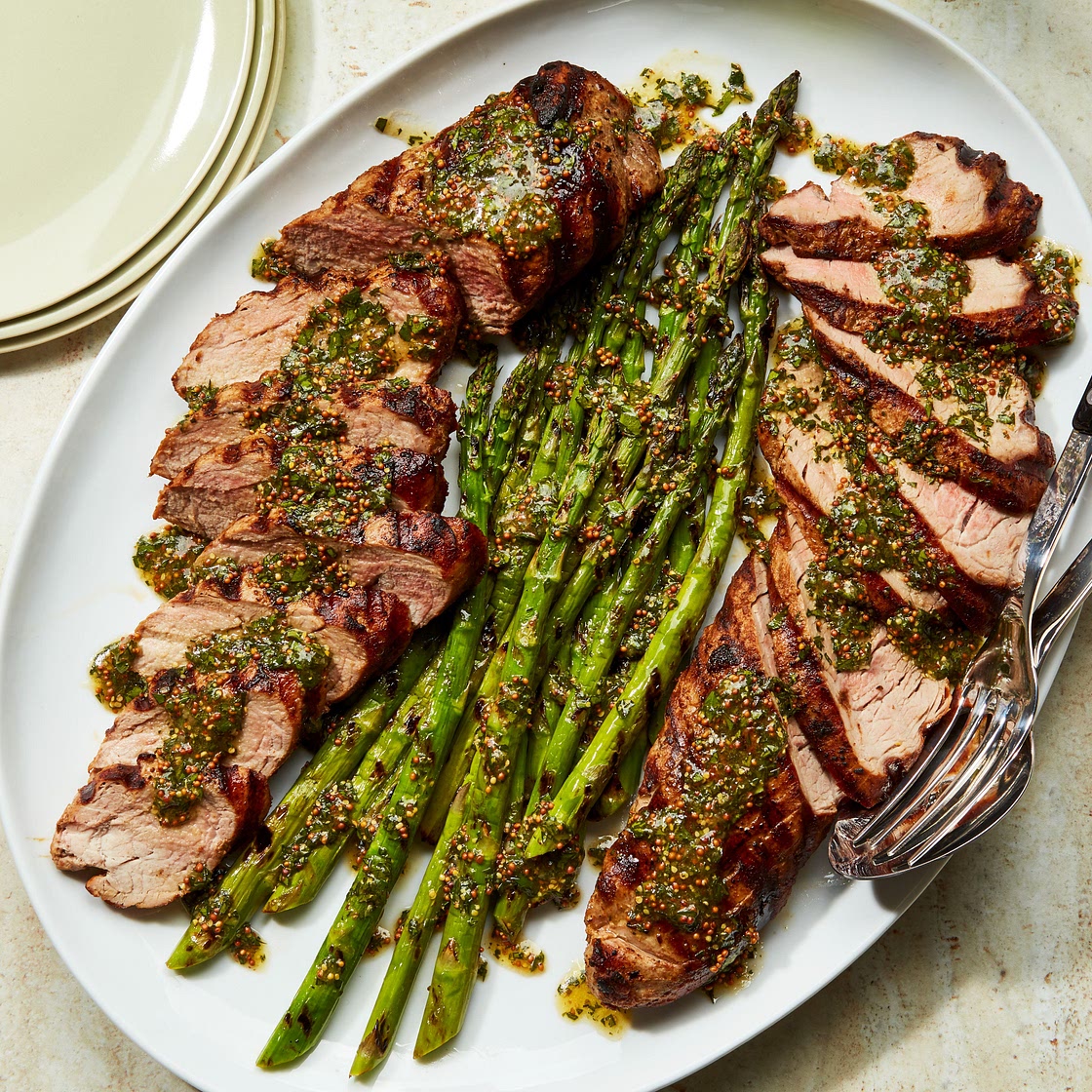 Grilled Pork Tenderloin and Asparagus With Mustard-Herb Sauce