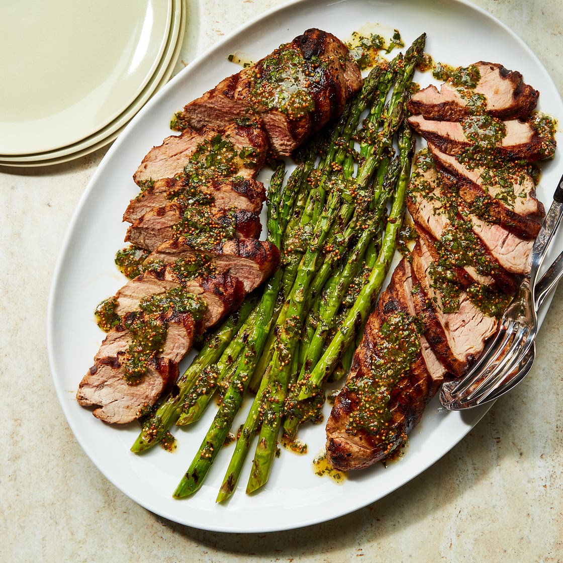 Grilled Pork Tenderloin and Asparagus With Mustard-Herb Sauce
