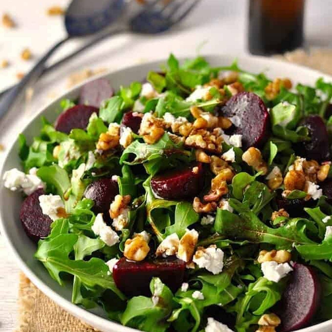 Throw Together Salad #1: Rocket (Arugula), Beetroot, Walnuts and Feta w/Balsamic Dressing