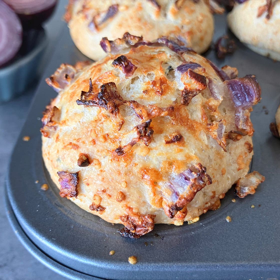 Rustic Spelt Buns Topped with Onion and Parmesan