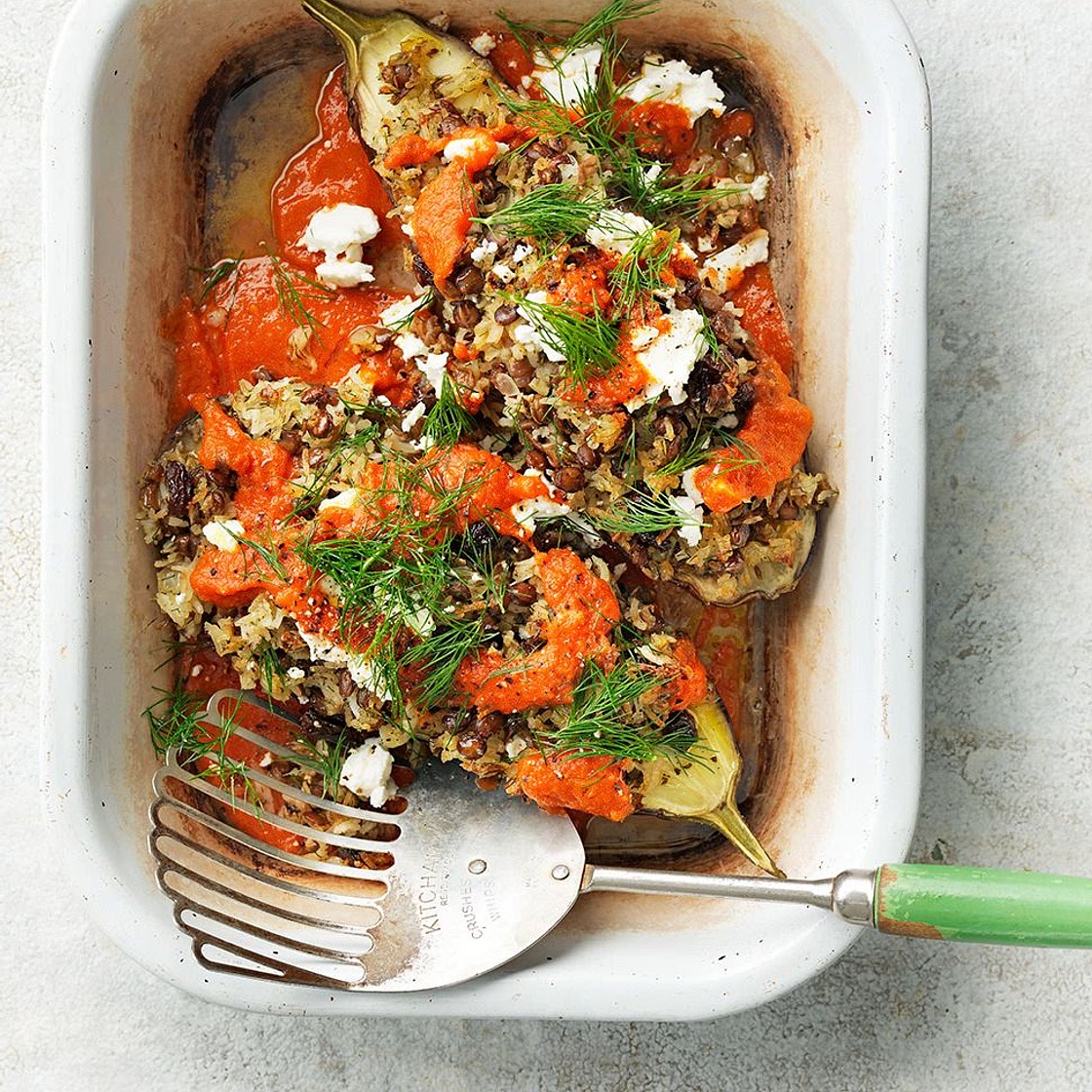 Rice & lentil-stuffed aubergines