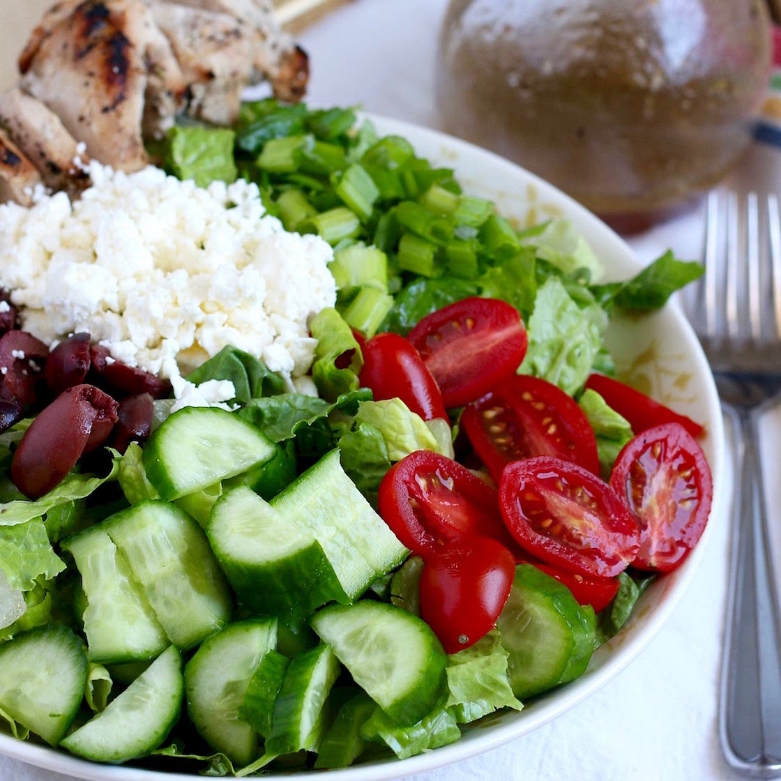 Greek Salad with Chicken Kebabs