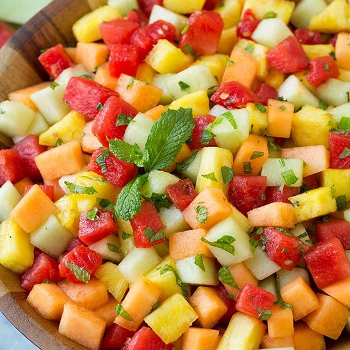 Melon Fruit Salad with Honey, Lime and Mint Dressing