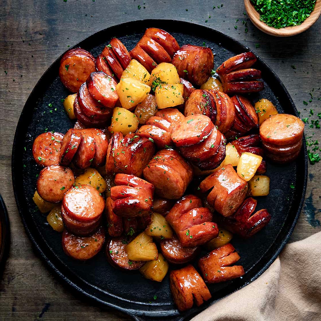 Pineapple Hasselback Kielbasa Bites
