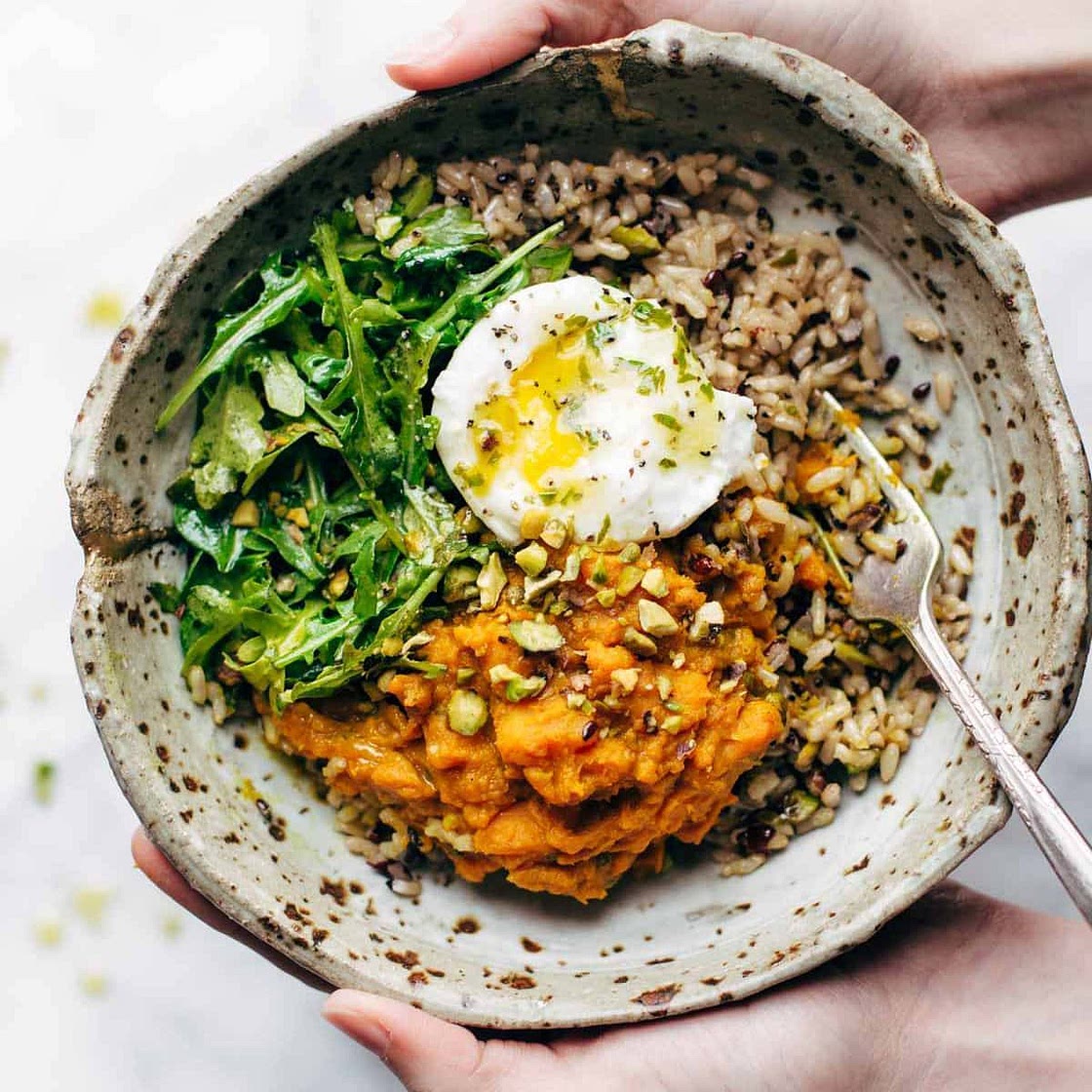 Healing Bowls with Turmeric Sweet Potatoes, Poached Eggs, and Lemon Dressing