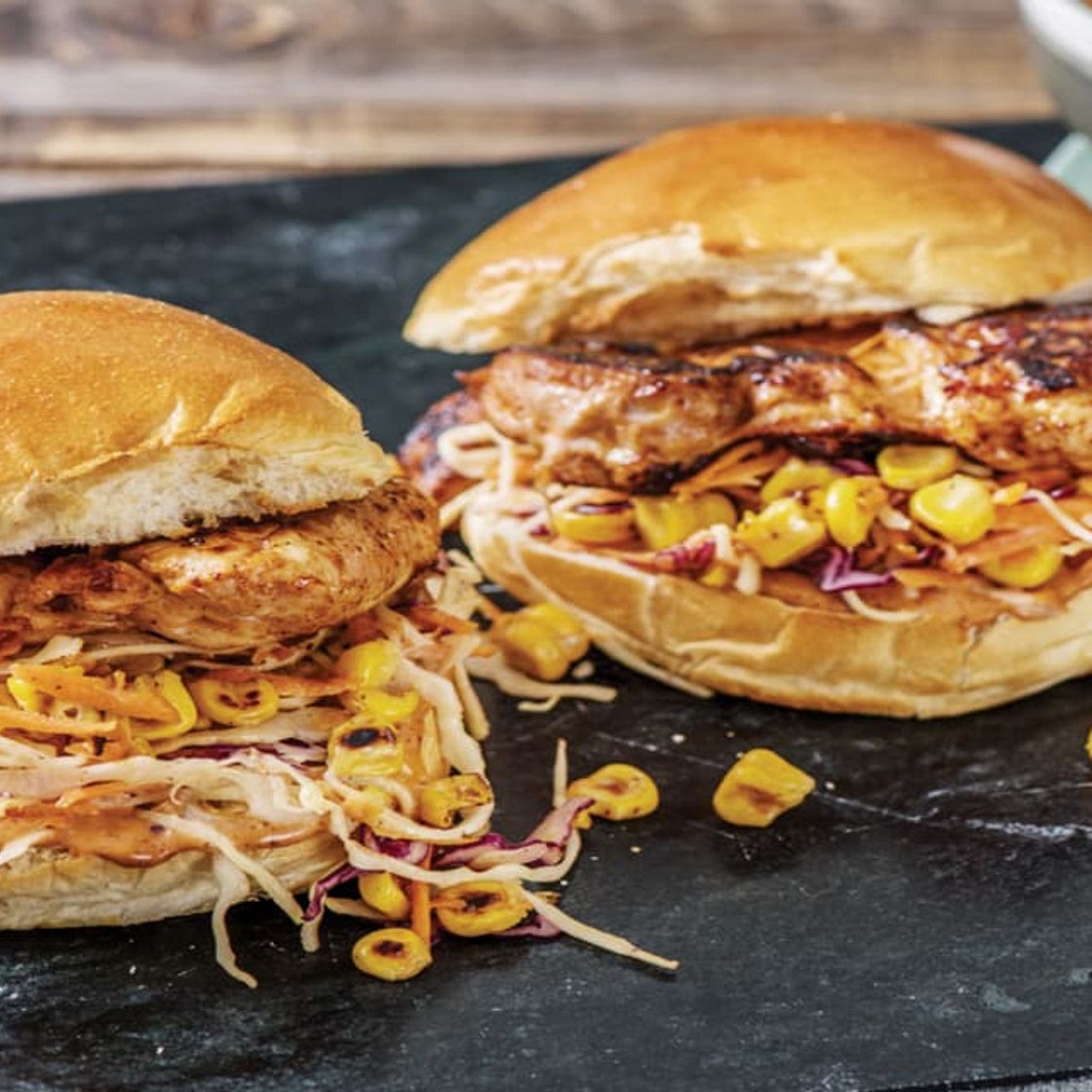 BBQ Chicken Burgers with Creamy Corn Slaw