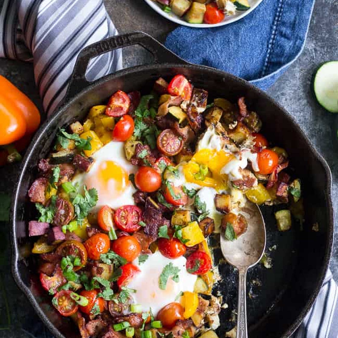 Sweet Potato Hash with Bacon and Summer Veggies {Paleo & Whole30}