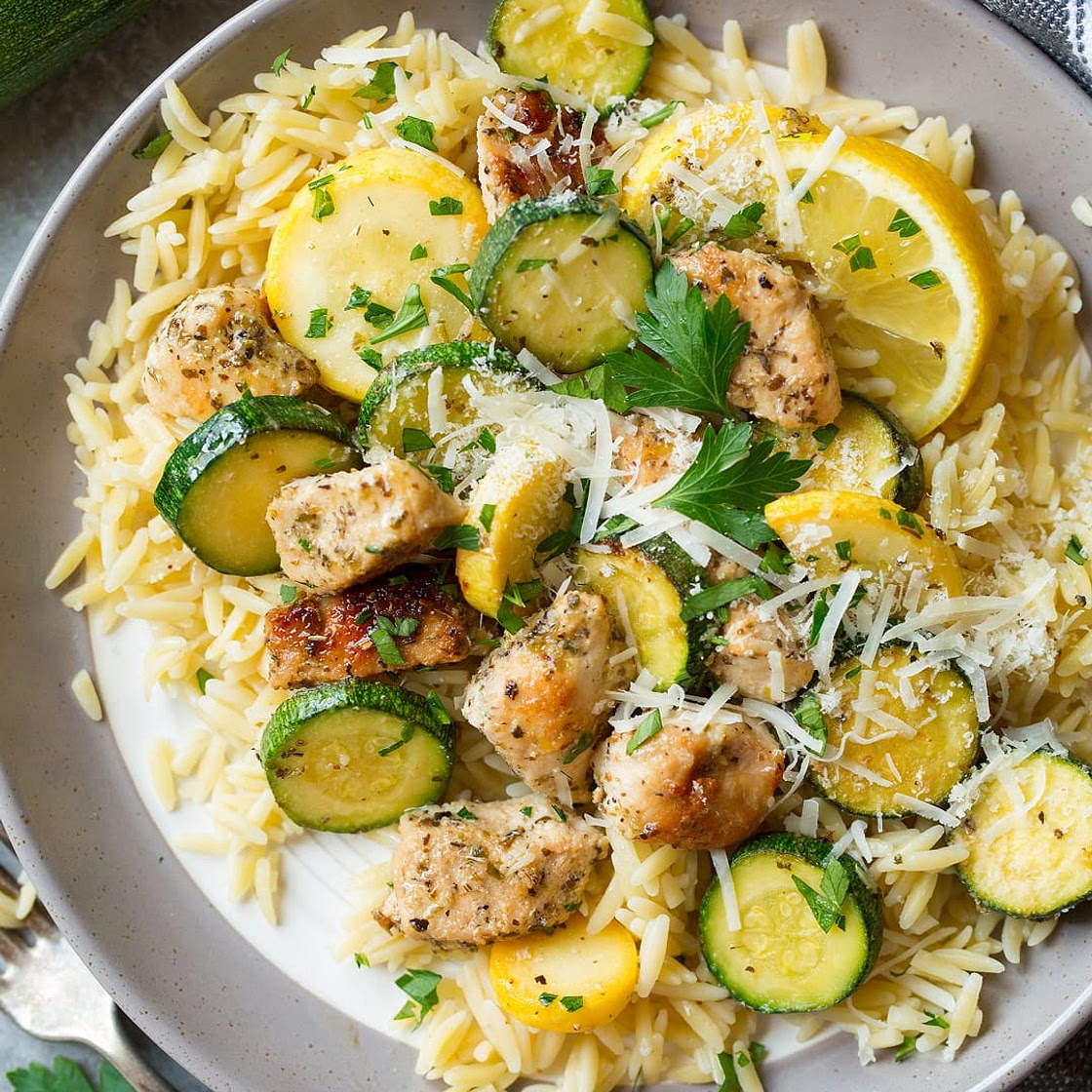 Skillet Lemon Parmesan Chicken with Zucchini and Squash
