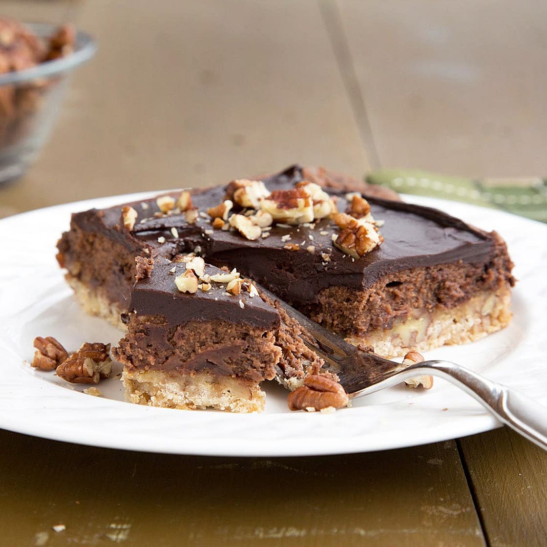 Chocolate Cheesecake Bars with a Pecan Shortbread Crust