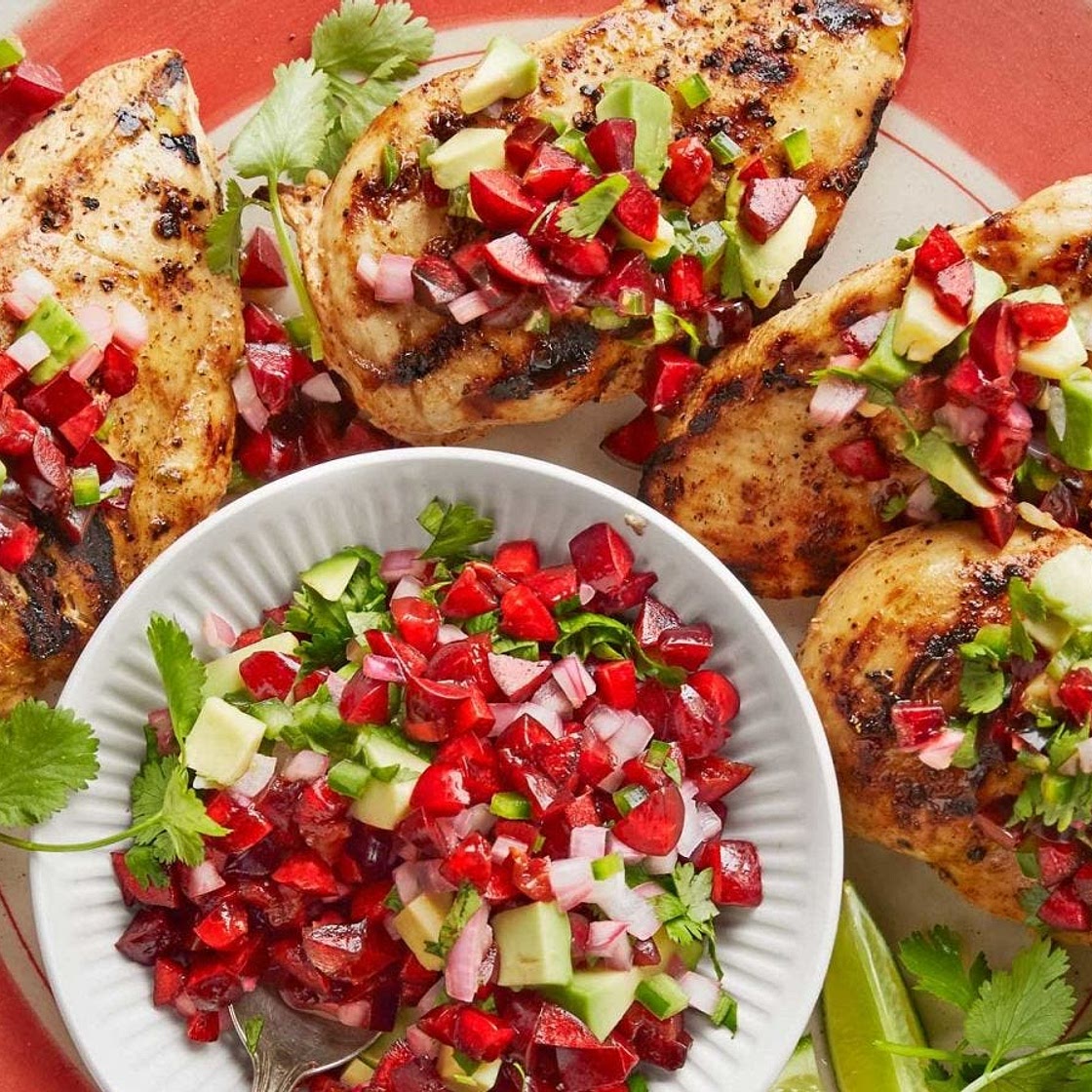 Chili-Garlic Grilled Chicken with Avocado-Cherry Salsa